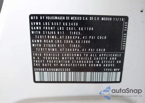 2019 Volkswagen Tiguan 2.0T S z USA, uszkodzony, nr VIN 3VV0B7AX9KM055305